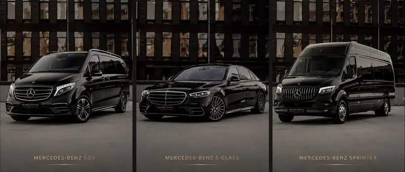 Black Mercedes-Benz EQV, S-Class and Sprinter of Secured Lifestyle